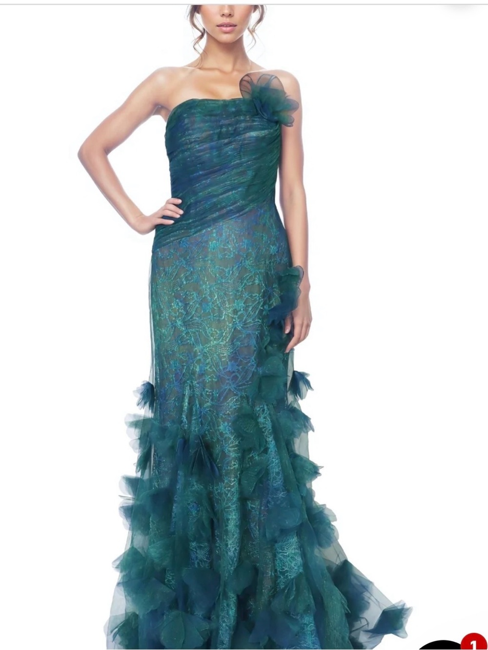 Rene Ruiz Teal Strapless Lace & Ruffled Organza Gown with Floral Detail